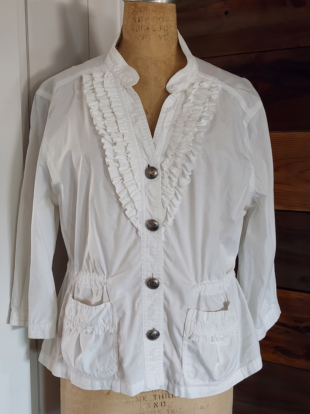 White Ruffle-Trim Star Button-Front Women's Shirt